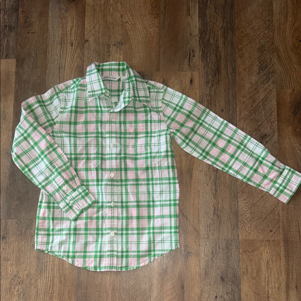 Janie and Jacks Green and Pink Plaid Kids Shirt Size 6